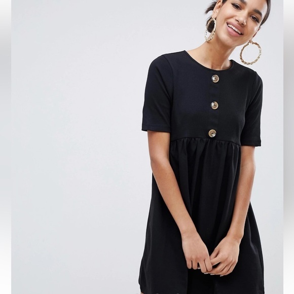 ASOS Design Black Mixed Fabric Mini Smock Dress with Faux Horn Button Size 0 - Picture 2 of 11